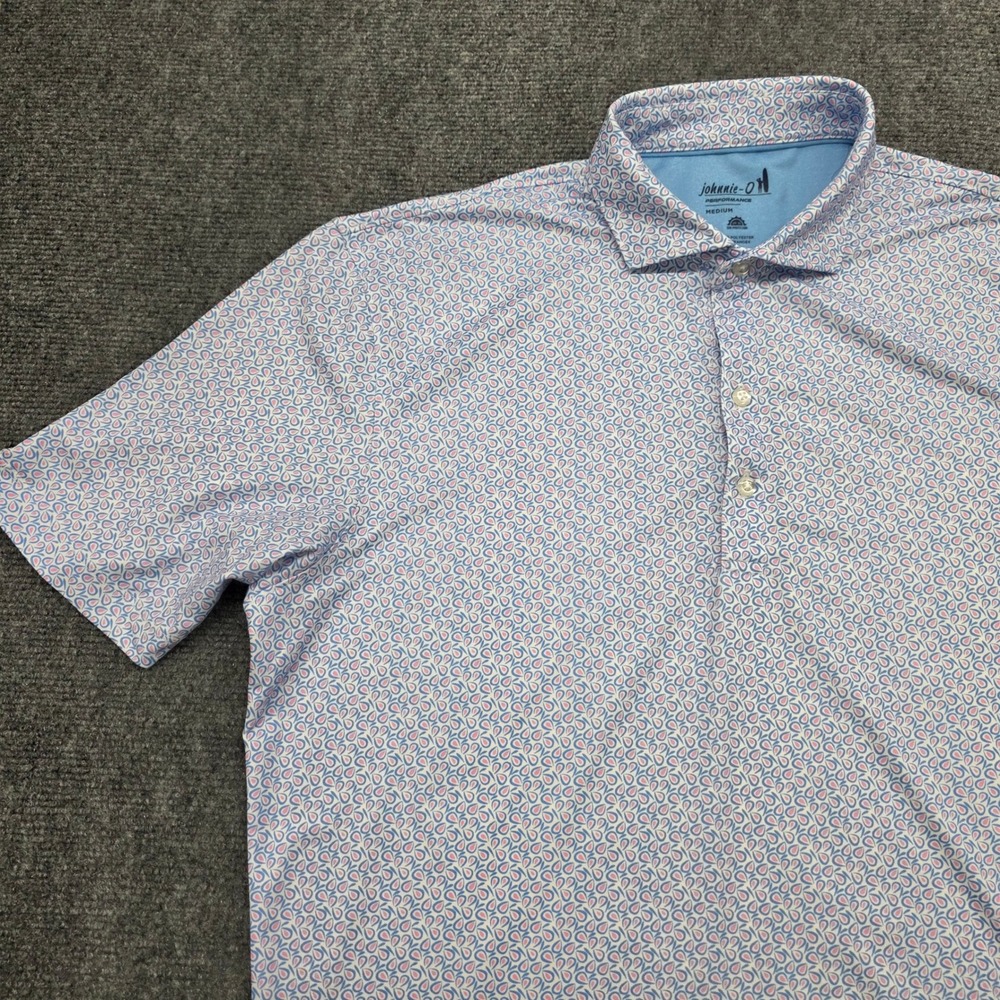 Johnnie-O Performance Polo Harkins Men Medium Blue Pink Paisley Print Golf Shirt
